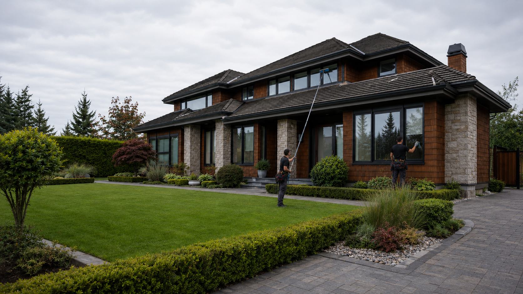 Two HarbourNorth technicians caring for the windows of a West Coast home